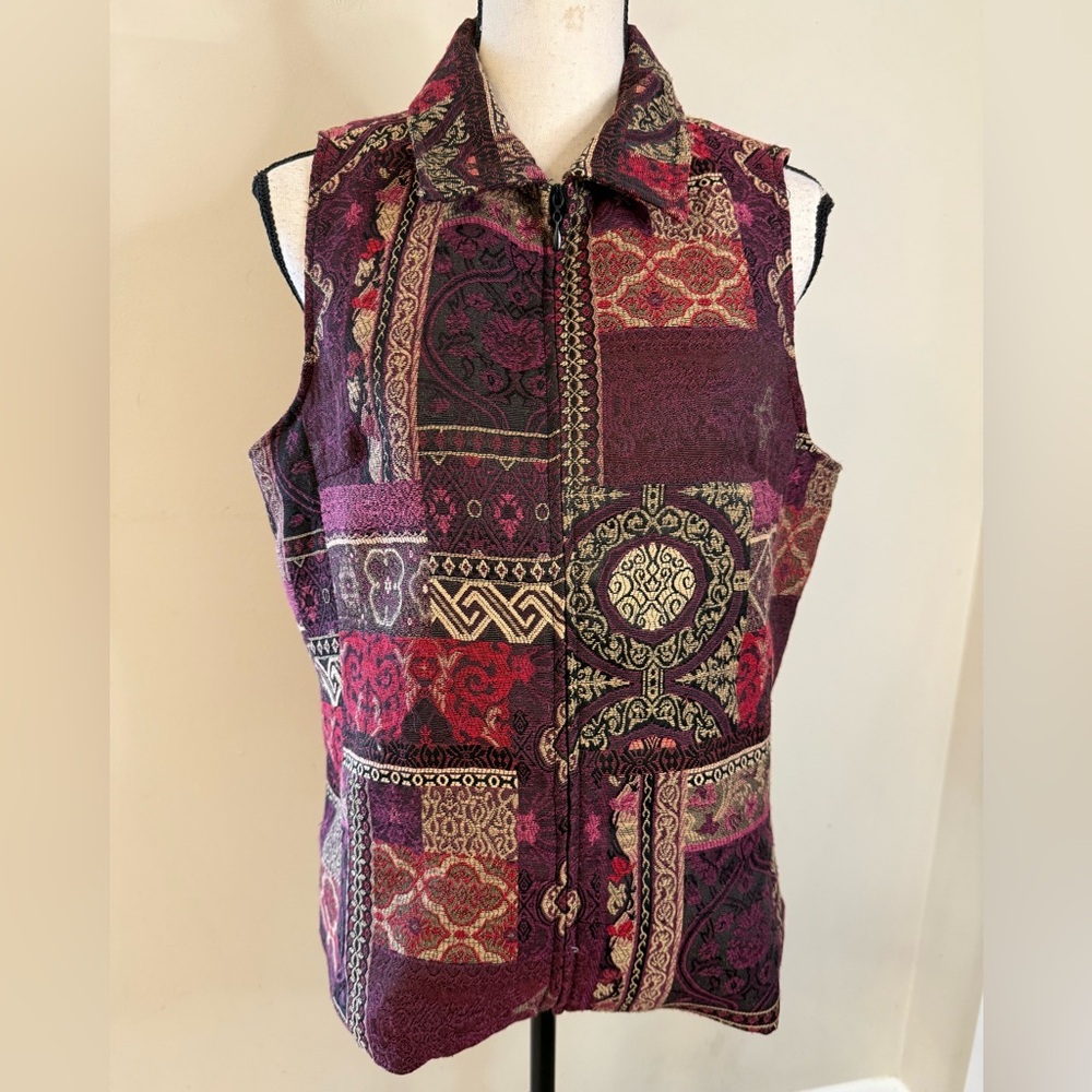 Chadwicks Red & Gold brocade patchwork zippered vest SZ 12